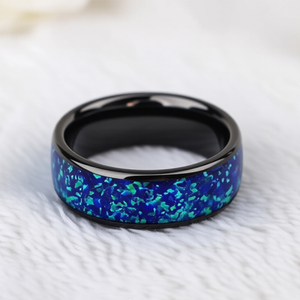 Bague de mariage 8 mm en carbure de tungstène noir bombé avec incrustation d'<span class=keywords><strong>opale</strong></span> bleue écrasée, alliance, bague de promesse pour homme, femme, unisexe - Product Image 5