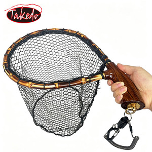 TAKEDO Épuisette de pêche à poignée courbée en bois d'ébène, filet en caoutchouc avec cordon, pour la pêche à la mouche, la maquereau, le bar et la truite - Product Image 1