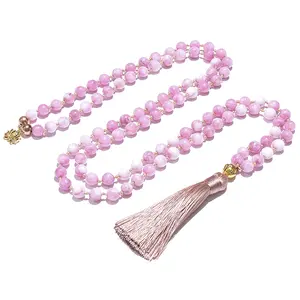 JOYFUL LOVE KUNZITE 108 MALA Japamala Necklace Meditation Yoga Spirit Jewelry Bracelet Set Tassel Golden Lotus Charm for Women