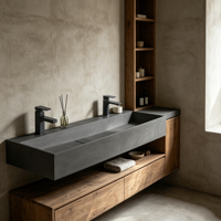 Meuble-lavabo mural de luxe OEM ODM avec lavabo intégré en surface solide, vasque en résine noire pour hôtel et villa