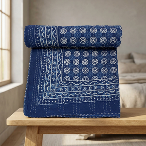 Cubrecama Kantha de Algodón Hecho a Mano, 90x108 Pulgadas, Colcha Doble Estampada a Mano, Colcha India, Decoración Bohemia para el Hogar - Product Image 5