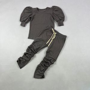 QL2022 Wholesale Casual Joggers Outfit Solid Cotton Puffsleeve Top + Stack <b>Leggings</b> Sportswear Outfits Kid Clothing - Product Image 5