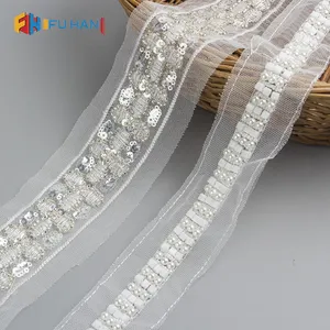 Hot sale custom design embroidery sequin lace mesh trim, guipure lace fabric for Garments