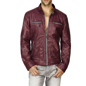Custom Men's KLJM6 High Quality Sheep Skin Leather 100% Cotton Jacket <b>Mint</b> Color Waxed Edges Canvas Stand Collar Windproof - Product Image 1