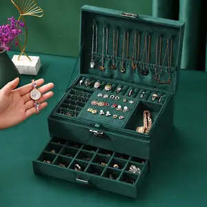 Nouveau vert 3 couches flanelle bijoux organisateur boîte colliers boucles d'oreilles anneaux présentoir étui pour femmes grande capacité avec serrure