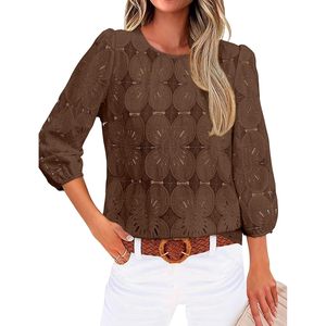 Women's Lace Blouse Dark Brown 3/4 Sleeve Casual <b>Top</b> Floral Print Sheer <b>Layer</b> Everyday Wear - Product Image 2