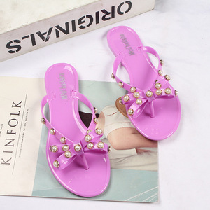 Women Flip-flops Studded Pearls <strong>Bow</strong> <strong>Sandals</strong> Summer Beach Rain Flat Thong Strap Jelly Shoes - Product Image 3