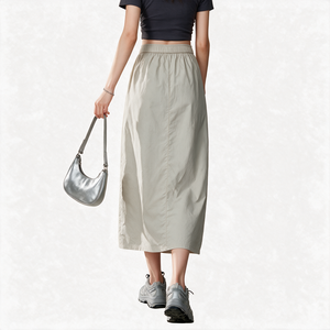 Women's <b>Elastic</b> <b>Waist</b> Solid Color Drawstring Mid-Calf <b>Skirt</b> Minimalist Style cotton Fabric - Product Image 4