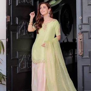 Conjunto de Top de Crepé Natural y Pantalones Palazzo Farshi para Mujer, con Dupatta para Fiestas, Estilo Salwar Kameez, Bordado con Lentejuelas y Espejo Real - Product Image 1