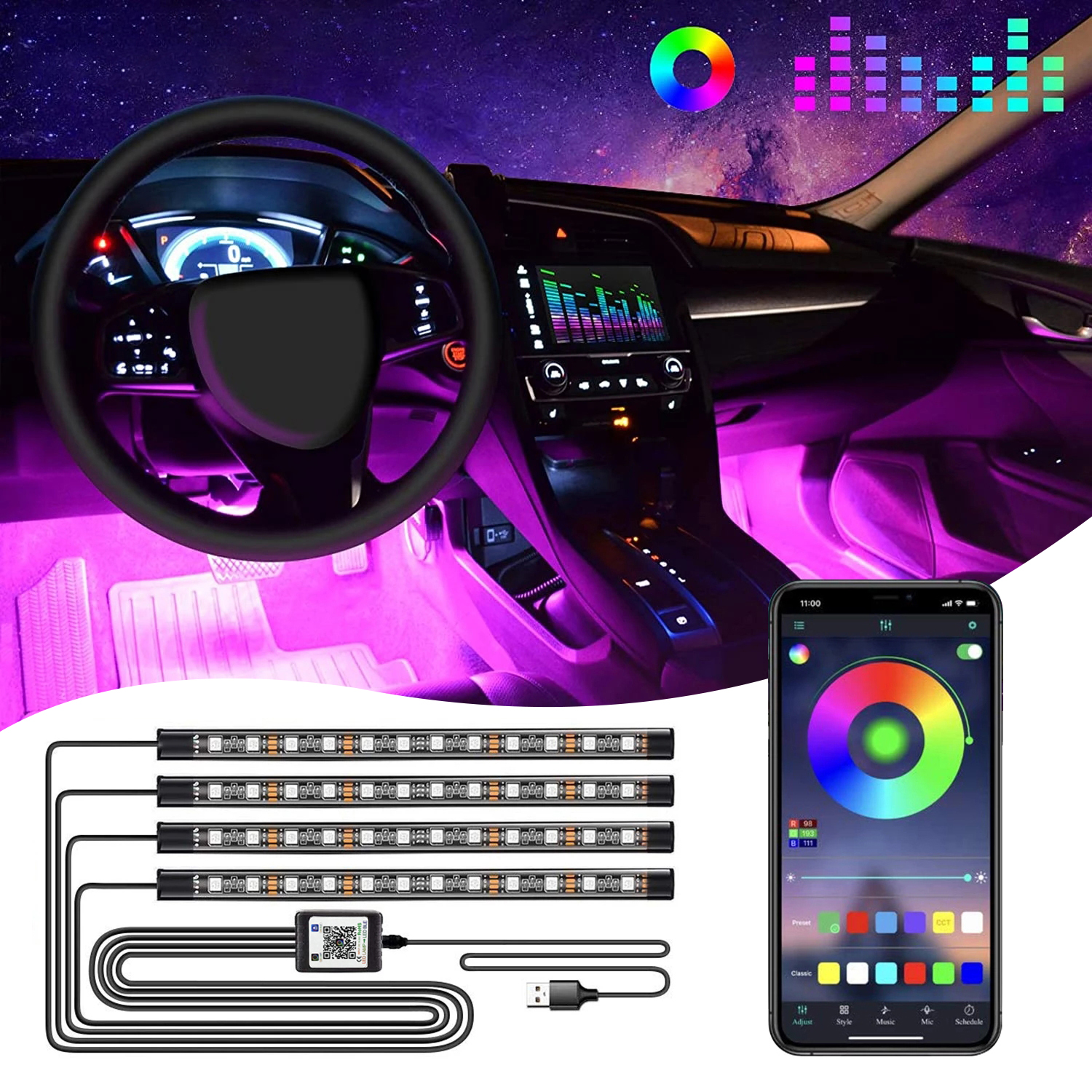 Fita led decorativa para interior de carro, rgb, 5050 pés, atmosfera, luzes no interior do carro, com aplicativo, música, controle remoto