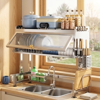 Égouttoir à vaisselle autoportant à double niveau en acier inoxydable avec porte-couteaux, organisateur de vaisselle de cuisine moderne multifonctionnel