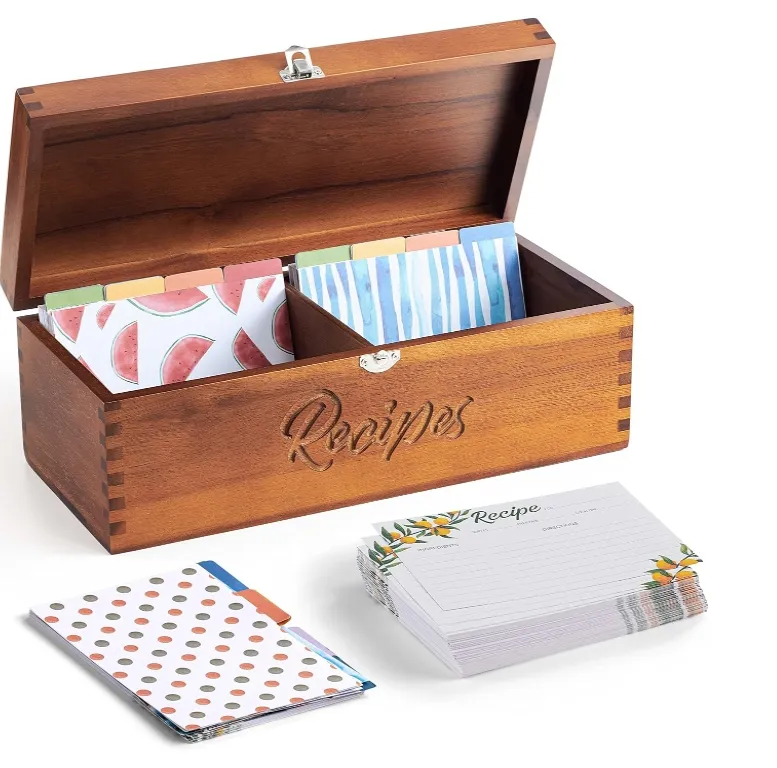 Деревянная пустая коробка для рецептов, набор с двойным отсеком, деревянная коробка для рецептов с карточками