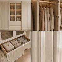 Armoire moderne à panneaux cannelés couleur crème, dressing sur mesure avec portes arquées vitrées à LED, design sans poignées