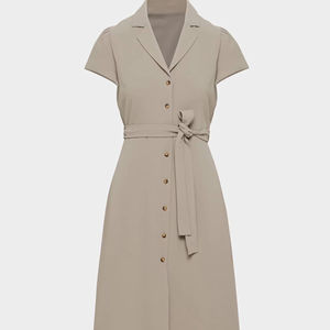 Robe longue décontractée professionnelle pour femme, couleur kaki, col en V, avec boutons décoratifs, personnalisable en usine - Product Image 1