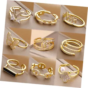 Luxe Verstelbare 18K Gouden Parel Zirkoon Hart Vlinder Vinger Ring Vrouwen Open Glanzende Cz Snake Letter Knokkel Ring