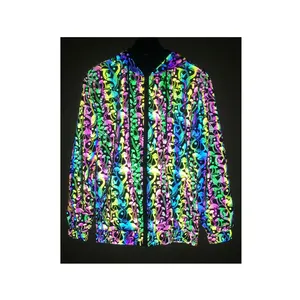 Chaqueta con capucha para baile nocturno, chaqueta reflectante iridiscente con estampado de seta, novedad