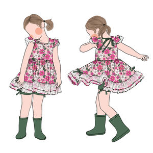 2025 toptan özel yeni dantel yay şort prenses elbise etek çiçek kısa kollu kız fırfır kollu tunik seti - Product Image 3