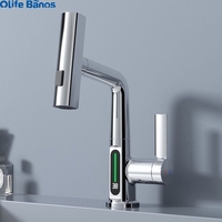 Olifebanos Matt Black Digital Go up and Down Basin Mixer Lavatory Faucets dengan Pullout Deck Mounted LED Display Black