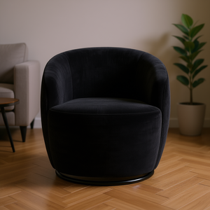 Black Chenille Fabric Swivel Barrel Chair with Metal Ring Base for Modern Living Room Furniture - Product Image 2