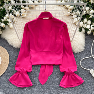 Chemisier léger de luxe pour femmes, ruban de satin, licou, taille pliée, manches courtes évasées pour femmes, décontracté - Product Image 5