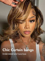 Perruque Bob en Cheveux Humains Remy Blond Miel avec Mèches, Transparente Sans Colle 13x4 5x5 pour Ondulations Naturelles et Frange Rideau Pré-Plumée
