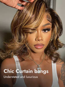 Perruque Bob en Cheveux Humains Remy Blond Miel avec Mèches, Transparente Sans Colle 13x4 5x5 <span class=keywords><strong>pour</strong></span> Ondulations Naturelles et Frange Rideau Pré-Plumée - Product Image 1