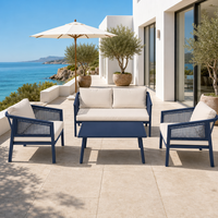 Marineblaues Outdoor-Gartenmöbel-Set, 4-teilig, Loveseat, 2 Sessel, rechteckiger Couchtisch, Metallrahmen für den Garten