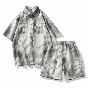 Customized logo <b>Ink</b> tie-dyed short-sleeved shirt men's summer fashion American cropped sleeve shirt handsome shorts T-shirt suit - Product Image 5