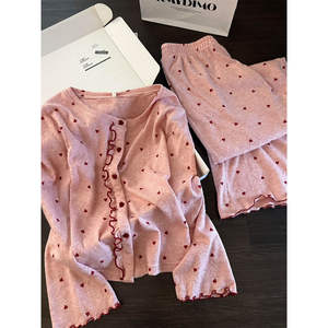 Set di pantaloni lunghi a manica lunga da <span class=keywords><strong>donna</strong></span> con <span class=keywords><strong>pigiama</strong></span> in <span class=keywords><strong>cotone</strong></span> lavorato a maglia con stampa cuore dolce - Product Image 1