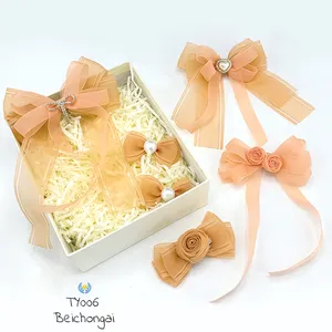 BEICHONAI Organza Rosa flor padre-hijo hecho a mano accesorios para el cabello conjunto princesa arco pinzas para el cabello regalo cumpleaños presente caja