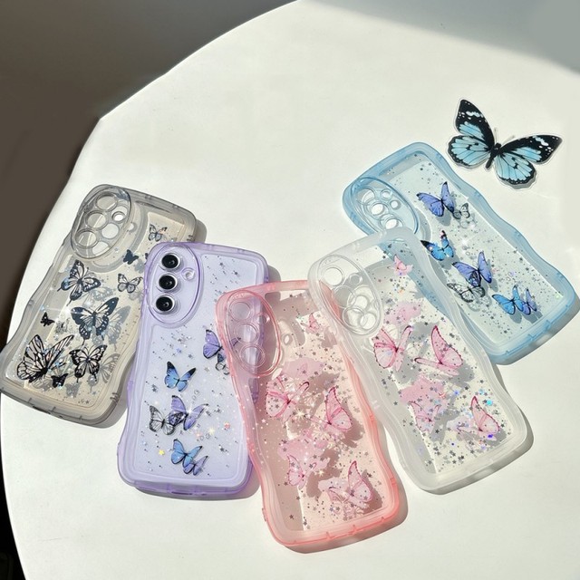 Glitter Stars Butterfly Clear Phone Case for Samsung Galaxy A56 A36 A26 A16 A06 A05 A15 A25 A55 5G Soft TPU Wave Edges Cover