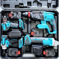 Kit combiné d'outils électriques sans fil 21V, marteau perforateur, meuleuse d'angle, perceuse, clé à chocs, 4 batteries pour la rénovation et la construction à domicile