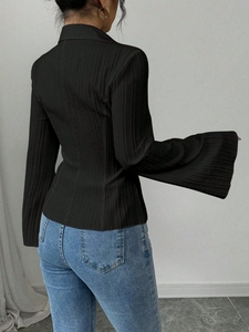 <strong>Plisse</strong> Texture Bell Sleeve Vintage Casual Shirt Elegant V Neck Button Blouse Regular Fit Solid Color Crinkle Fabric <strong>Top</strong> Office - Product Image 2
