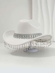 Chapeau de cowboy en feutre pour femme avec grande pampille en strass et pierres précieuses, idéal pour les mariages et les fêtes - Product Image 6