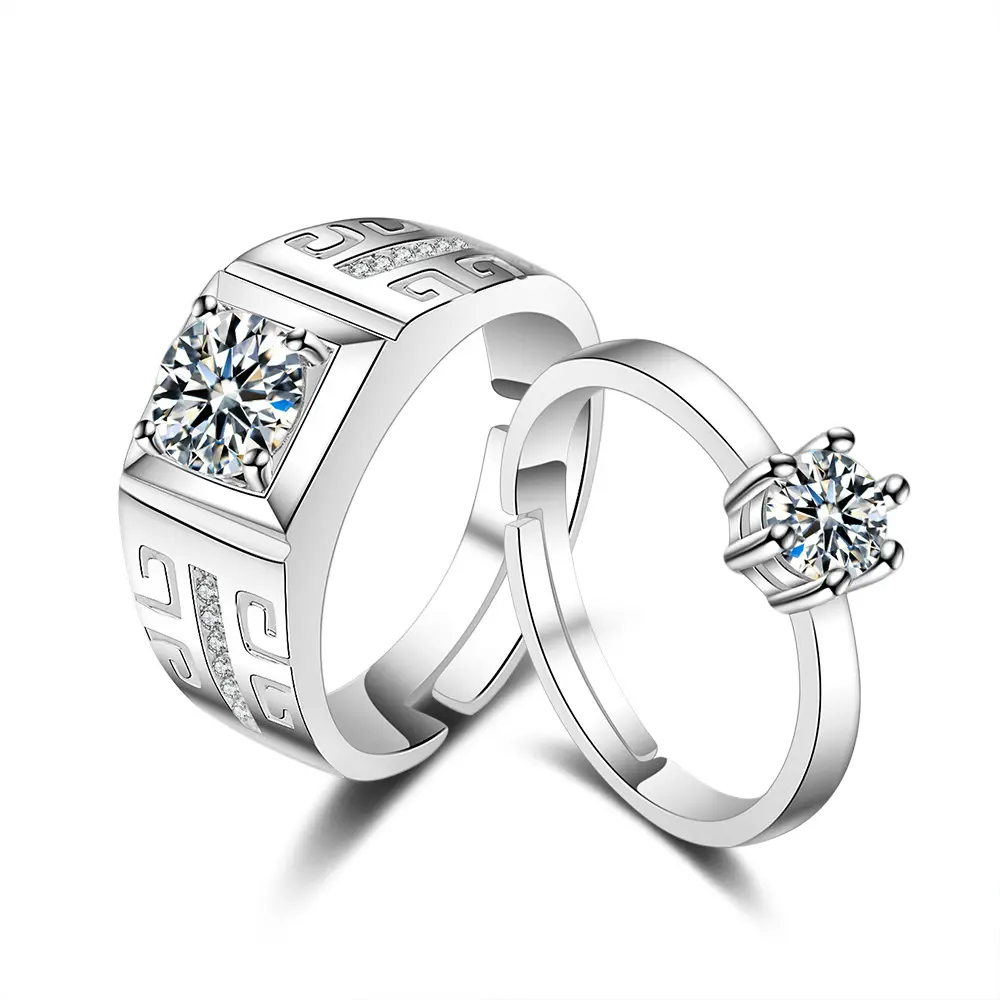Coppia anelli uomini e donne anelli di diamanti zircone aperto matrimonio placcato oro fedi nuziali a sei punte da uomo