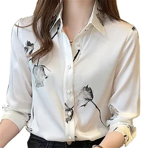 Ipek saten bluzlar kadınlar Tops kore moda uzun kollu düğme yukarı gömlek elbise ofis bayan çiçek v yaka