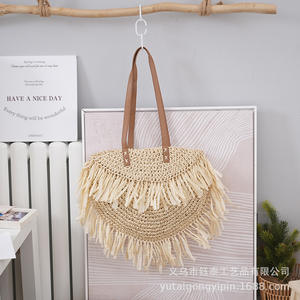 Large Capacity Semicircular Tassel Furry Paper Rope Shoulder <b>Bag</b> Fashionable Handmade Crochet Straw Woven Beach <b>Bag</b> - Product Image 5