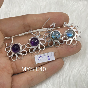 Boucles d'oreilles créoles en argent sterling avec pierres précieuses Labradorite et améthyste Bijoux élégants faits à la main Cadeau pour les femmes Vente en gros en vrac - Product Image 1