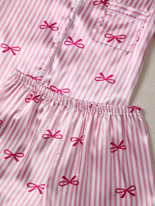 Conjunto de Pijama Corto con Estampado de Rayas y Lazo para <span class=keywords><strong>Mujer</strong></span>, Acabado Satinado, Suave, Verano, Dos Piezas, Ropa de Dormir - Product Image 3