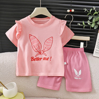 Ensemble deux pièces doux à manches courtes et volantées pour filles, style mignon, en pur coton, motif floral de dessin animé, pour bébés et tout-petits, idéal pour l'été