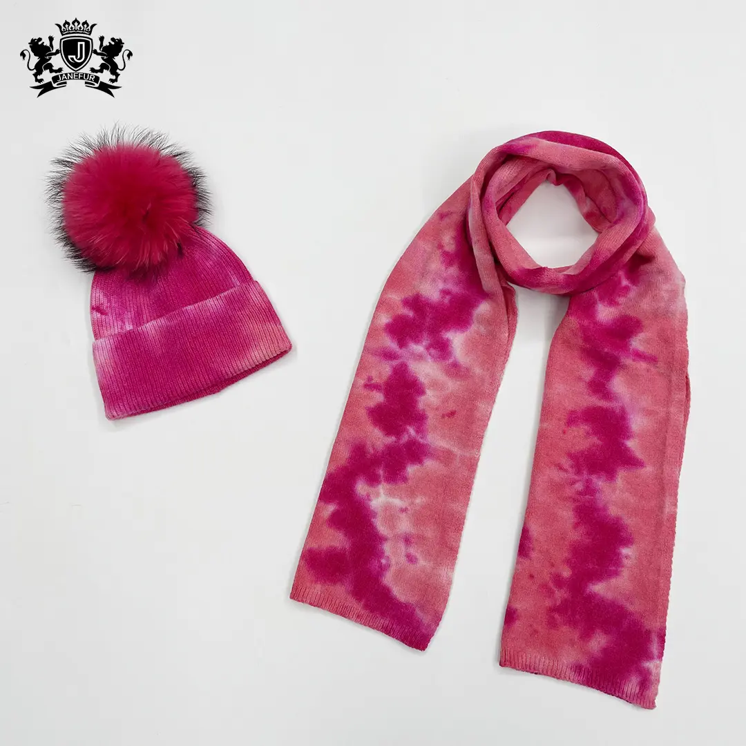 Vendita calda di Modo Variopinto Lavorato A Maglia Cappello per Le Donne Naturale di Pelliccia Pompon Baenie Inverno Cappello E Sciarpa Set