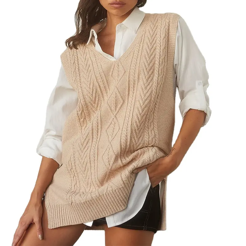 Women Custom Embroidery Printed Knitted Sleeveless Sweaters Sleeveless Woolen V-Neck Knit Beige V Neck Sweater Vest For Ladies