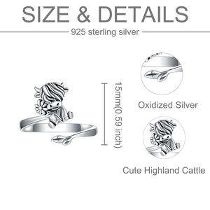 Bague de vache Highland en argent sterling 925 réglable bagues d'animaux mignons bijoux pour femmes - Product Image 5