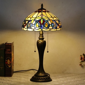 LongHuiJing 12" Dome Vintage Mediterranean Tiffany AC Table Lamp Stained Glass Shade Resin Base LED 2700K Warm White Universal - Product Image 1