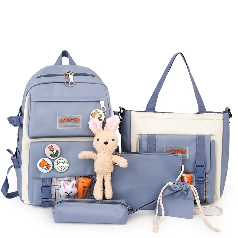 Wholesale Large Capacity bookbag Waterproof Fashion girls rucksack backpack Customized Logo 5Pcs Set school bag