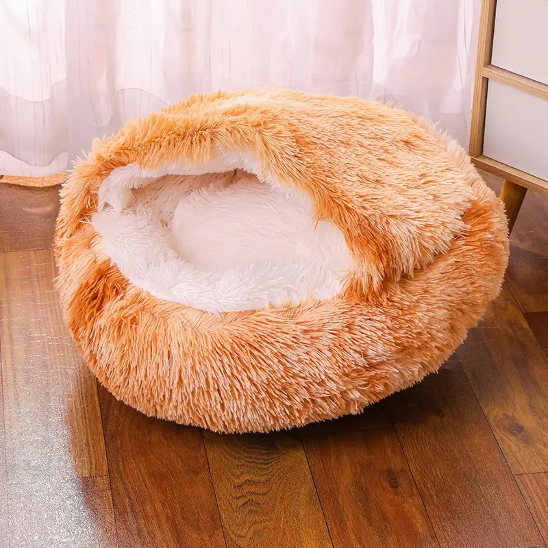 Letto di gatto imbottito inverno peluche rotondo gatto grotta letto soffice con copertura nido letto per animali domestici