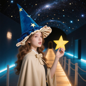 DAMAI Halloween Adult Kids Witch Star Hat Party Decor Cosplay Witch Hat Moon Blue Pattern Festival Photo Props Hat Decoration - Product Image 2