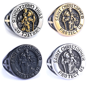 Bague Vintage Saint-<span class=keywords><strong>Christophe</strong></span> en Acier Titane, Bague Chevalière Ronde, Bague Saint-<span class=keywords><strong>Christophe</strong></span> Protège-nous - Product Image 1