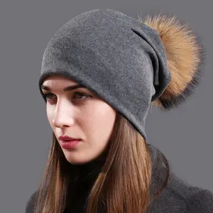 Cappello invernale moda per donna morbido e spesso invernale caldo berretto lavorato a maglia inverno donna pelliccia di procione pompon Beanie hats