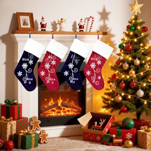 <span class=keywords><strong>Chaussettes</strong></span> de Noël en velours bleu marine et rouge de qualité supérieure, brodées de flocons de neige, personnalisées, pour décorations de fête de famille - Product Image 4